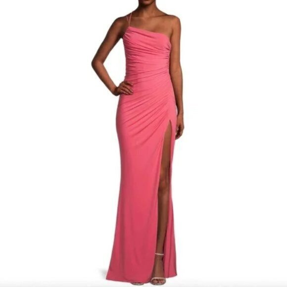 KATIE MAY Winnipeg One Shoulder Ruched Knit Gown in Coral Size Large - Picture 9 of 10